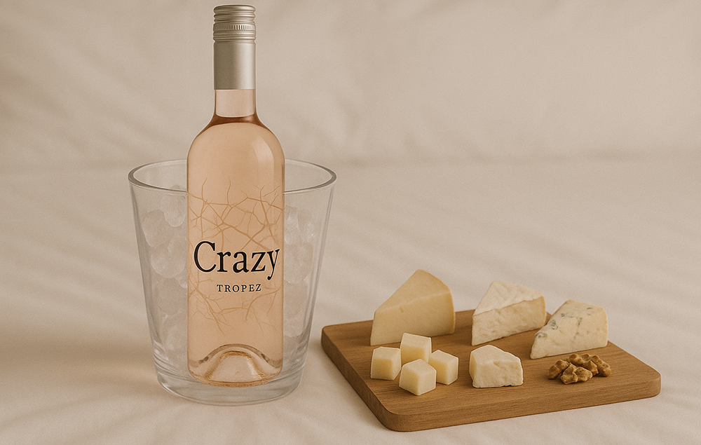 Bottle of Crazy Tropez Rosé and cheese board